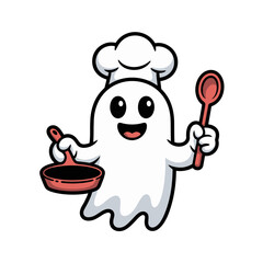 Cute ghost chef, smiling spirit with frying pan and spoon, kitchen cooking theme, halloween restaurant graphic, sticker vector