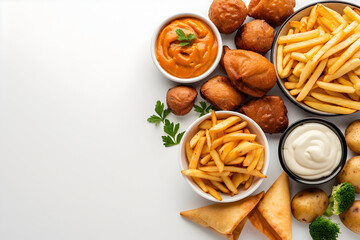 Delicious comfort food arrangement with fries, sauces, and snacks on bright white background