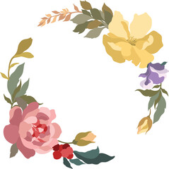 Botanical wreath with pink, yellow, and purple blooms, green foliage, and berry accents ideal for seasonal visuals, nature branding, or decorative digital content