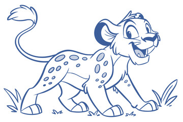 Cute Smiling Leopard Cub, Outline on White Background