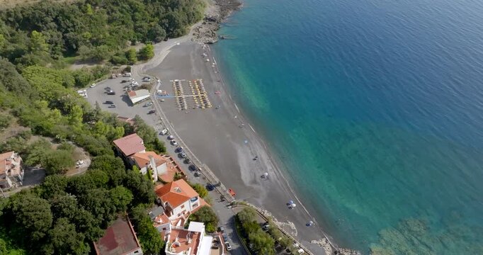 Aerial view of the beach in the Acquafredda district of Maratea. It is a popular seaside resort overlooking the Tyrrhenian Sea in the province of Potenza, Basilicata, Italy.