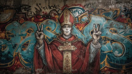 Obraz premium Striking Urban Mural Depicting a Religious Figure with Peace Sign Gesture Surrounded by Colorful Graffiti in an Unexpected Urban Setting