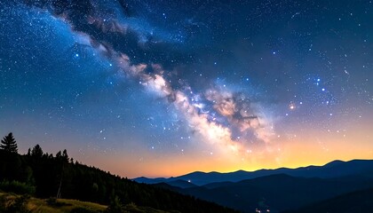 Fototapeta premium A stunning nightscape captures the Milky Way galaxy stretching across the vast sky over silhouetted mountains and a forested landscape