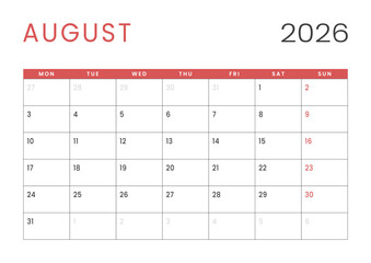 Monthly page Calendar Planner Template design of August 2026. Vector layout of calendar with week start Monday for Scheduling. Page for size A4 or 21x29.7 cm