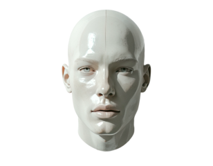 Glossy, pale head; neutral expression