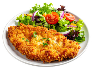 Golden Crispy Chicken Schnitzel with Fresh Salad, Front View, isolated on transparent background PNG