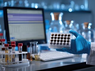 Scientist analyzing blood samples in a laboratory setting.