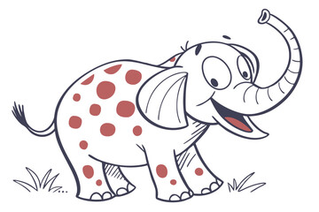 Funny Elephant Cartoon Character with Spots, Trunk Up, Outline on White
