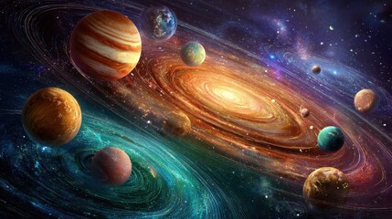 Stunning Cosmic Artwork of Planets Orbiting Around a Vibrant Spiral Galaxy in Deep Space, Capturing the Beauty of the Universe and Celestial Bodies