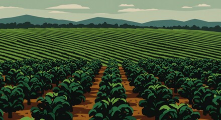 緑豊かな茶畑と山々の風景画