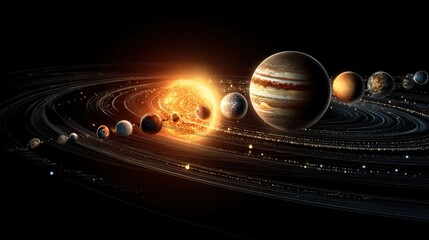 Majestic Solar System Representation with Planets, Stars, and Cosmic Elements in a Stunning Astronomical Setting Featuring a Bright Sun and Orbiting Bodies