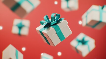 Present of the Moment: A delightful array of gift boxes, each adorned with ribbons, float gracefully against a vibrant background. A scene of happiness and gifting.