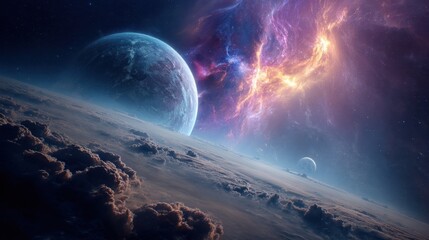 Stunning Cosmic Landscape with Vibrant Colors and Detail of Planets Under Bright Nebula and Clouds in Deep Space Imagery