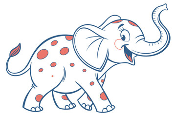 Happy Cartoon Elephant with Red Spots and Blue Outlines on White Background