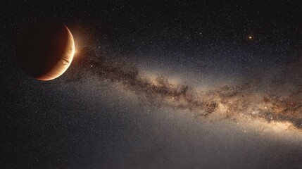 Majestic View of Celestial Bodies in the Dark Universe with Vibrant Stars and a Glowing Planet Surrounded by Cosmic Dust and Galaxies