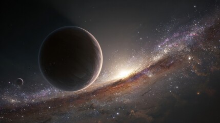 Deep Space with a Dark Planet, Glittering Stars, Cosmic Dust, and a Beautiful Spiral Galaxy in the Background Capturing the Wonders of the Universe