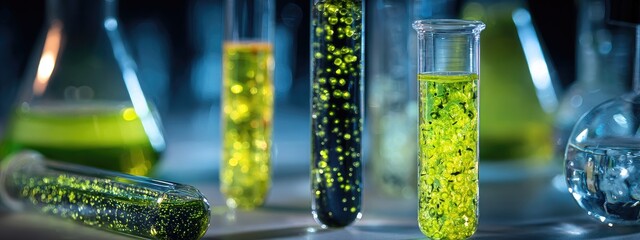 Laboratory Experiment with Green Liquids in Test Tubes.