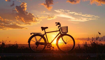 Obraz premium Silhouette of Bicycle at Sunrise with Golden Sky and Clouds Pixel Art