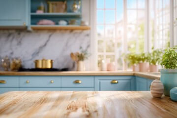 Fototapeta premium Bright and airy kitchen with wooden countertop and pastel decor in a home setting during the day