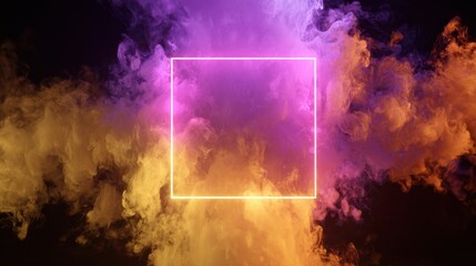 Abstract colorful smoke art with glowing square frame in vibrant purple, orange, and yellow hues for creative design and artistic projects contemporary background