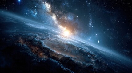 Fototapeta premium Stunning Cosmic View of Colorful Galaxy and Earth with Celestial Phenomena in the Depths of Space Captured in a Breathtaking Perspective