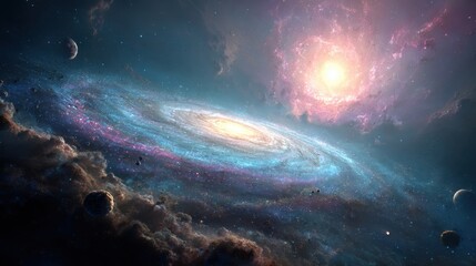 Stunning Cosmic Journey Through the Infinite Universe Featuring a Spiral Galaxy and Celestial Bodies in a Colorful Nebula Background