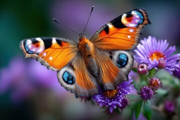 Fototapeta premium Butterfly on Purple Aster Flowers Close Up