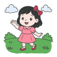illustration of a Little girl with pink dress and pink ribbon