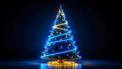 A vibrant Christmas tree, outlined in vibrant blue and gold neon lights, stands elegantly against a dark backdrop.