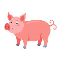 Fototapeta premium Pink Pig Standing with Curly Tail Colored Icon