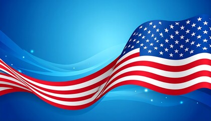 A dynamic illustration showcases the American flag in a flowing design, with red, white, and blue colors against a light blue background.