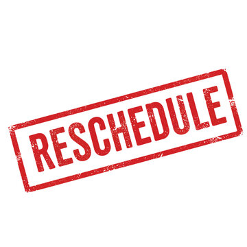 Red rubber stamp displaying the word rescheduled on a white background