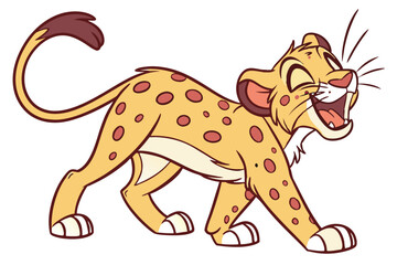 Joyful Cartoon Cheetah Walking with Spots on White Background