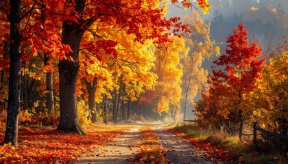 Naklejka premium A picturesque autumnal pathway lined with vibrant yellow and red trees, bathed in warm sunlight.