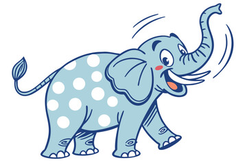 Joyful Light Blue Elephant Cartoon with White Spots Trunk Up on White Background