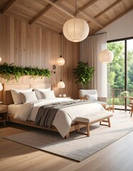 Fototapeta premium Serene Bedroom with Wooden Accents, Paper Lanterns, and Lush Greenery