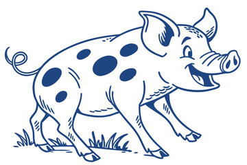 Joyful Pig with Spots Outlined in Blue on White Background Cheerful Farm Animal