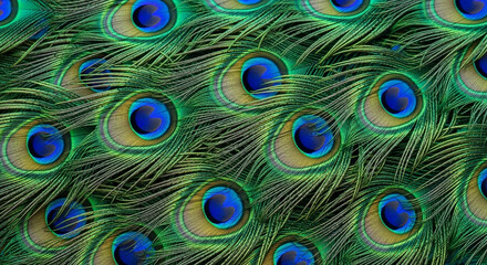 Close-up view of vibrant peacock feathers, showcasing intricate patterns and colors.