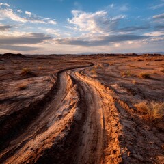 Serene Desert Landscape with Winding Dirt Road in Golden Light