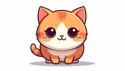 Obraz premium Adorable cartoon cat illustration featuring cute orange tabby sitting with big eyes and fluffy tail in a simple white background from a front viewpoint