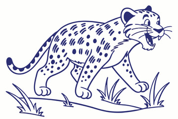 Outlined Spotted Jaguar Growling and Walking, Cartoon Style, Blue on White Background