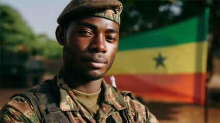 Fototapeta premium Confident African male soldier in military uniform standing outdoors with Senegalese flag background for patriotic defense service advertising banner
