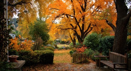 Naklejka premium Vibrant Autumn Retreat: A Serene Backyard Landscape with Colorful Foliage and Tranquil Trees
