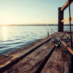 Peaceful Sunrise Fishing Scene on a Wooden Dock by the Lake