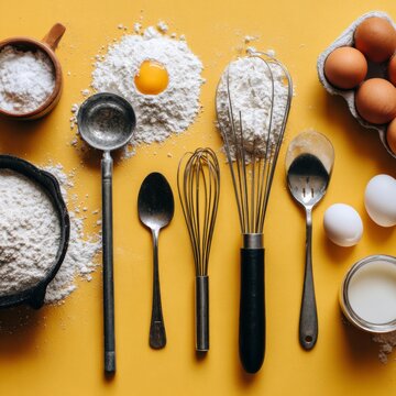 Cooking Ingredients and Utensils on Bright Yellow Background