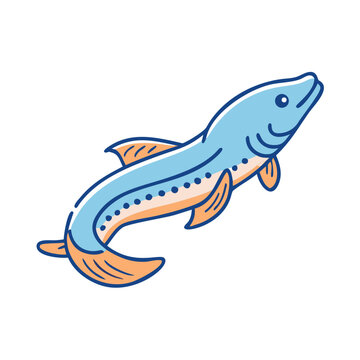 Illustration of a blue and orange lamprey swimming on a white background