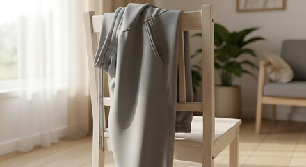 Gray sweat suit casually rests on a wooden chair in a bright, minimalist living room, suggesting comfort and relaxation at home.