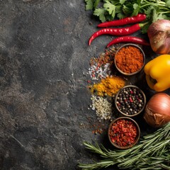 Vibrant Collection of Spices and Fresh Ingredients on Rustic Table