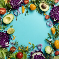 Colorful Arrangement of Fresh Vegetables and Herbs on Blue Background