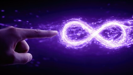 Human finger touching a glowing purple infinity symbol of energy and light.